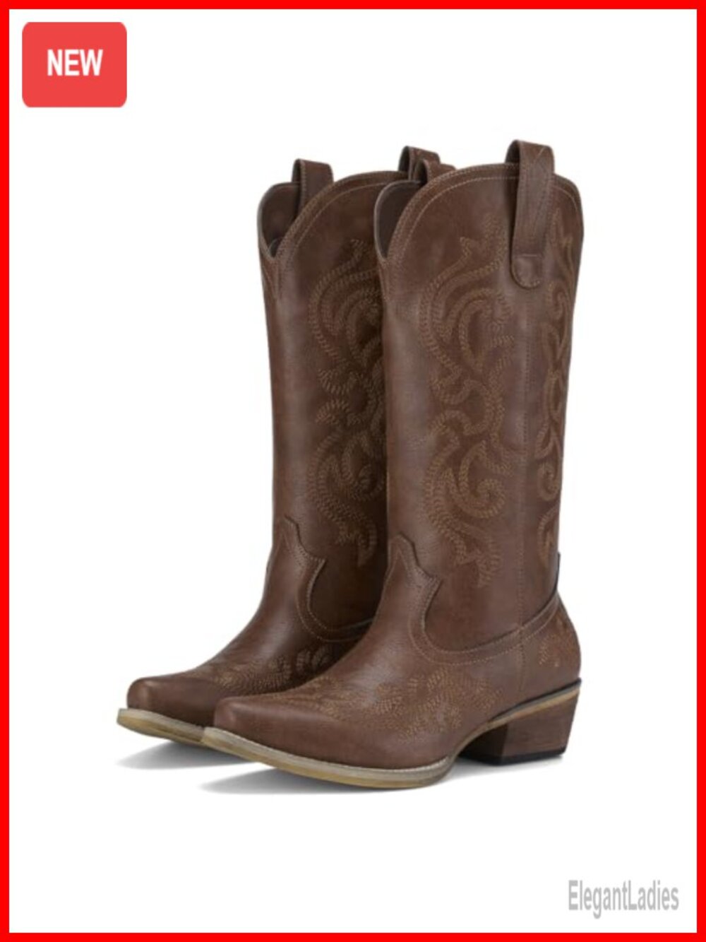 Western Cowboy Boots Snip Toe Mid-Calf Floral Embroidery Pull-On